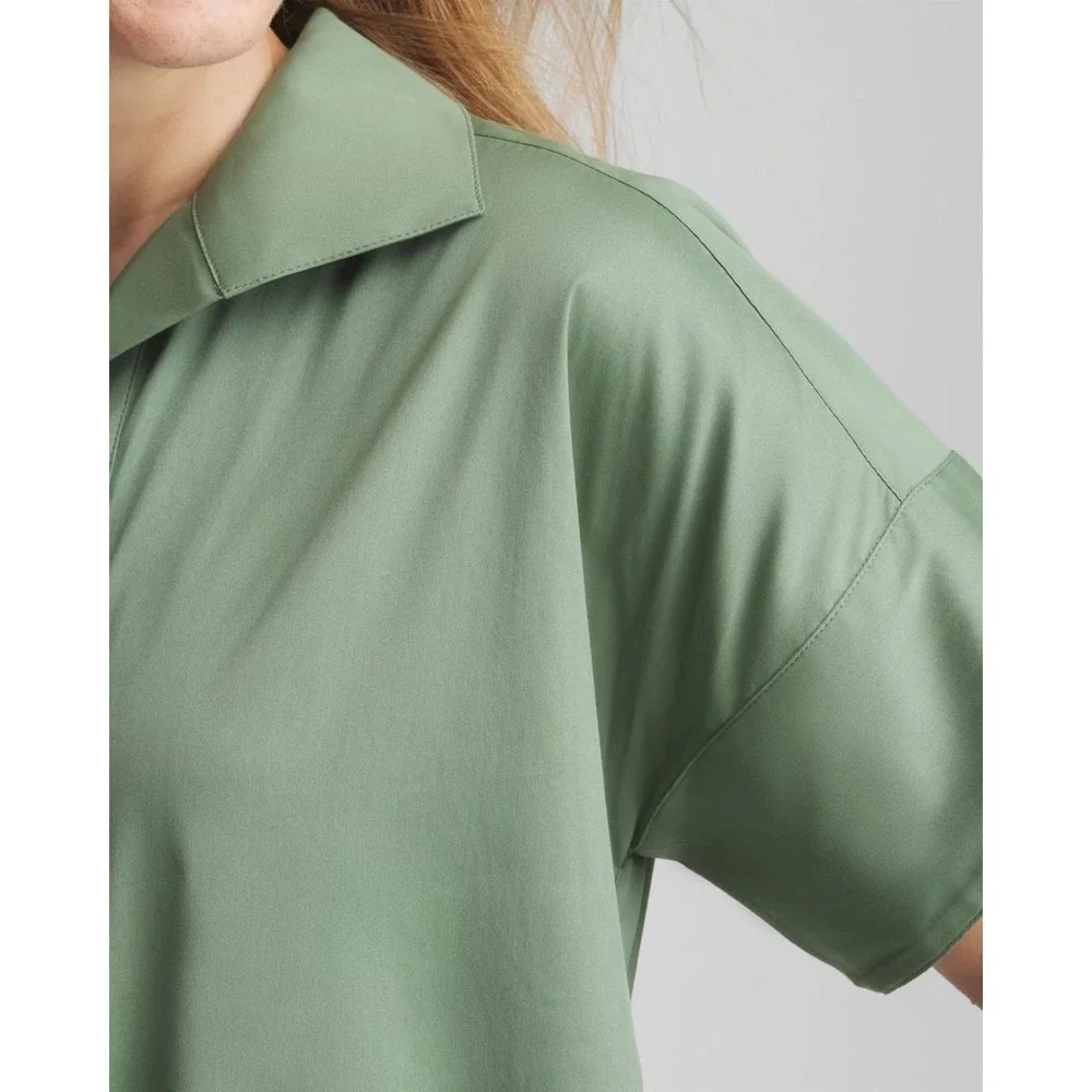 Chicos Olive Green Collared Short Sleeve Shirt Dress Midi Pockets Size 2 - Picture 4 of 9